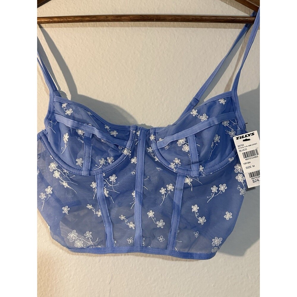 Full Tilt Medium Blue Mesh Corset Top Floral Embroidery Underwire NWT